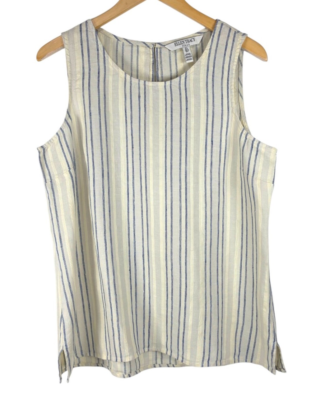 Ellen Tracy 100% Linen Tank Top Sz L Sleeveless Blouse Coastal Grandma Nautical
